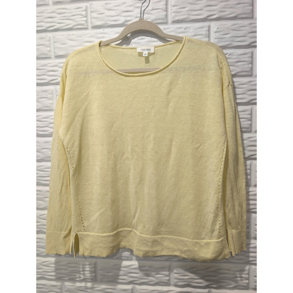 Haven Well Within Women XS Yellow 100% Linen Pointelle Knit Sweater Crew Neck